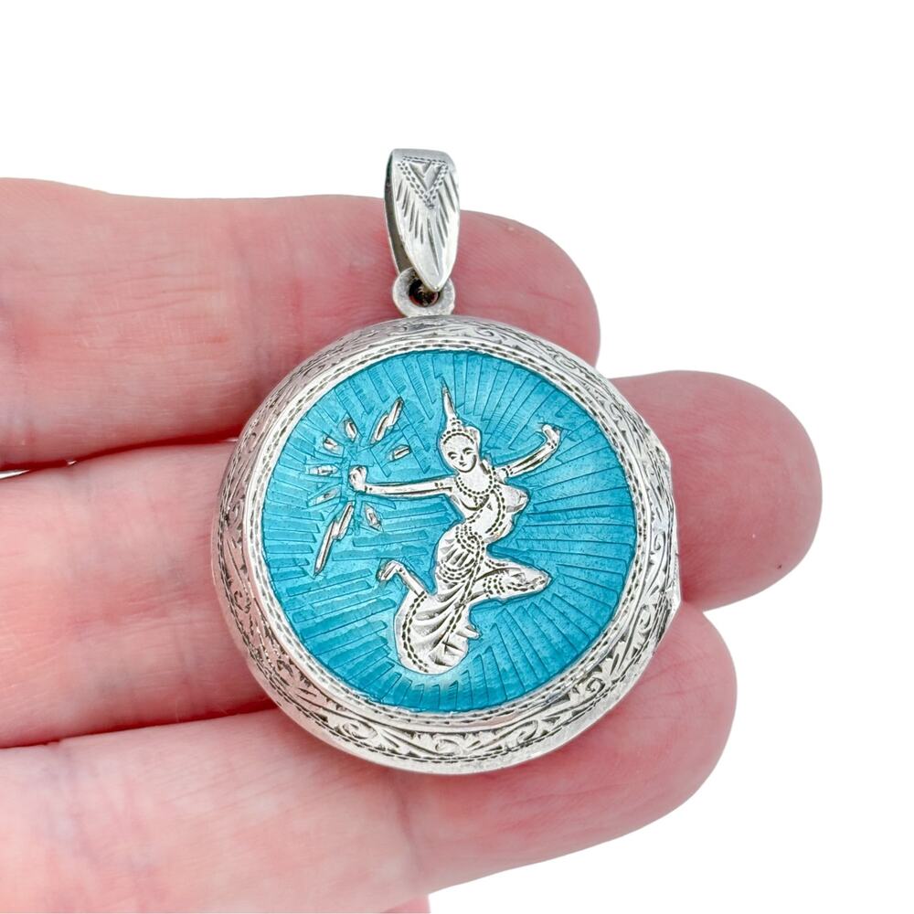 Vintage Siam Sterling Silver Teal Enamel Thai Dancer Round Locket Pendant